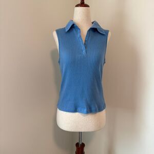 Blue ribbed collar sleeveless polo top size large